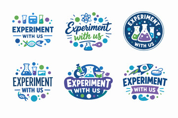 Obraz premium Collection of colorful cartoon logos illustrating scientific experiments and learning, showing various laboratory glassware, dna helix, atom, microscope, and rocket for stem education