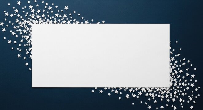 White rectangle frame with sparkling stars on black and blue background