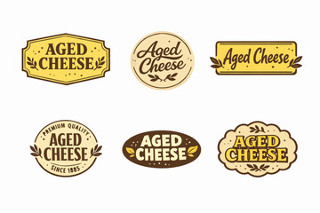 Fototapeta premium Aged cheese badge and label collection showing vintage style emblems for premium dairy food products, ideal for packaging, branding, and gourmet market items
