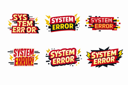 Collection of system error messages in comic and glitch style, including warning labels, digital crash, computer failure, and technical problem concepts on white background