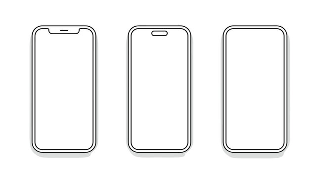Three minimalist smartphone line vector mockup templates with blank screens and different notch layouts on white background