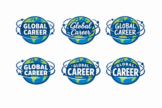 Global career logo collection showcasing six distinct variations of earth sphere graphics with circulating orbital elements and global career text