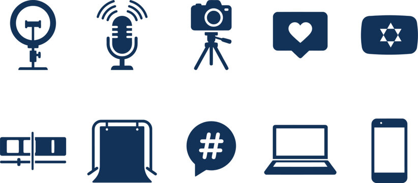 Creator economy social media templates displaying ring light microphone live camera tripod like heart subscriber play button timeline video editor