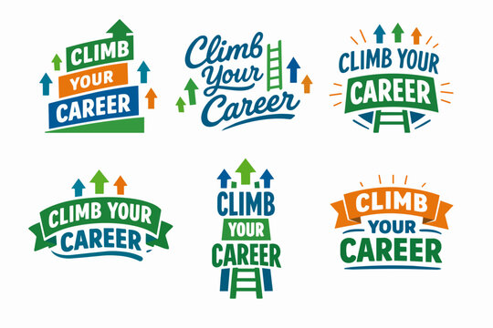 Vector illustration set of climb your career typography logos. Signs. And labels. Featuring ascending arrows. Stairs. And ladders. Symbolizing professional growth. Promotion