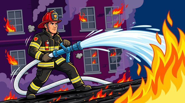 Illustration of a firefighter extinguishing flames with a hose in front of a burning building