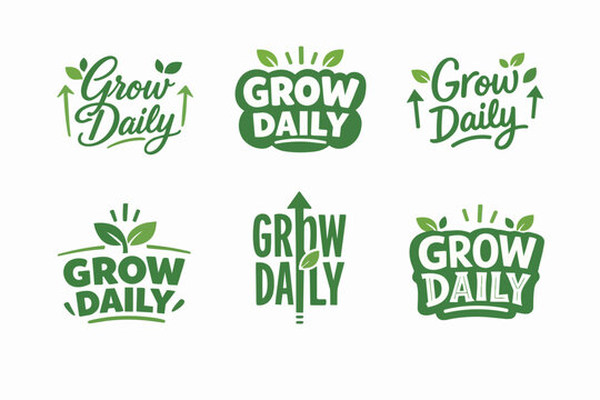 Grow daily typography collection featuring multiple green logos with leaves and upward arrows, representing continuous personal growth, progress, and development concepts