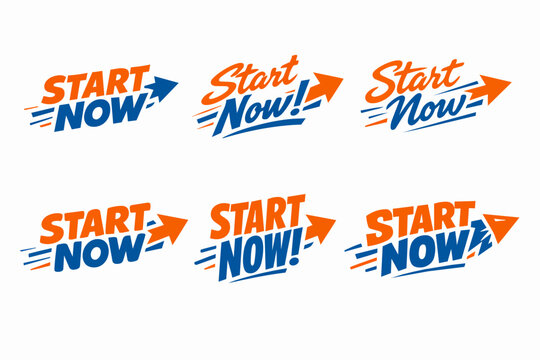 Start now emblems and badges conveying urgency and motivation with dynamic arrows, bold lettering and fast graphic styles for calls to action, apps, marketing and web design