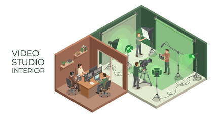 Fototapeta premium Isometric illustration of a video studio interior with a production team filming and a control room with a director and crew