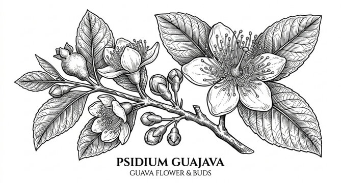Vintage guava flower engraving vector botanical illustration isolated on white