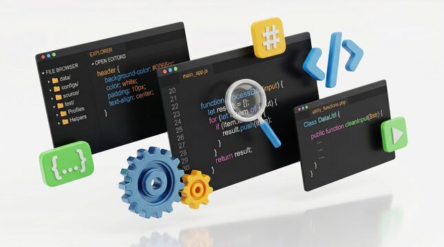 3D illustration of coding interface with screens, gears, and symbols, software development concept, web design, programming logic, debugging process, app creation