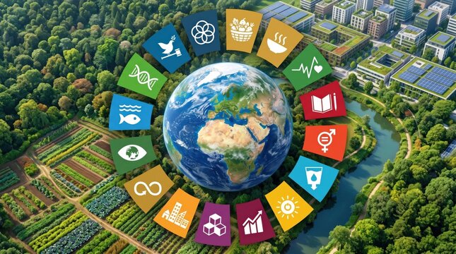 Aerial view of earth surrounded by SDG icons, sustainable development goals concept, green energy, agriculture, urban planning, environmental protection, social equality