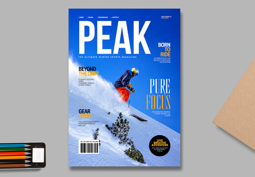 Extreme Winter Sports Magazine Cover Design With Ski Adventure Theme