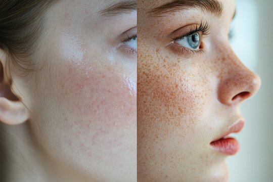 Split-screen comparison shows a woman's face with smooth, clear skin next to her face with noticeable freckles.