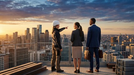 Fototapeta premium Construction team discussing urban development project on rooftop at sunset, engineer pointing at city skyline, architects and investors planning real estate, business meeting