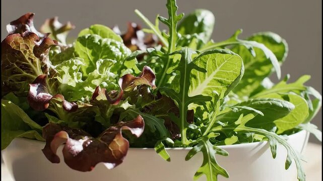 A close-up shot of a vibrant mix of fresh salad greens, including red leaf lettuce and arugula, in a white bowl.