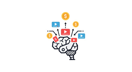A stylized illustration showing a human brain generating digital video content and money © Muhamad