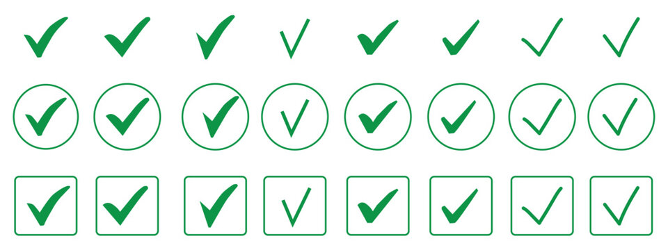 check mark icon button set. check box icon with right and wrong buttons and yes or no checkmark icons in green tick box and red cross. vector 