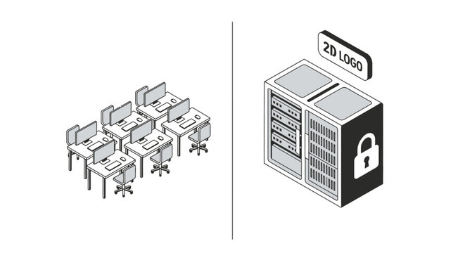 An isometric illustration showing a computer office and a secure server rack unit