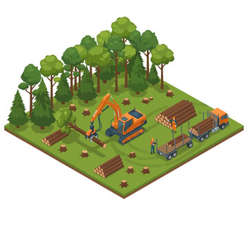 Isometric illustration of a logging scene with an excavator, truck, and worker in a forest clearing.