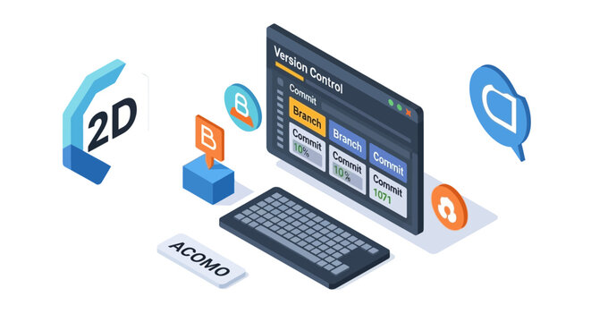 An isometric illustration showing a digital software development interface