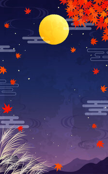 秋の紅葉とお月見の背景3_縦