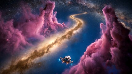 Fototapeta premium Spaceship flying through a colorful nebula with stardust and pink cosmic clouds in deep space.