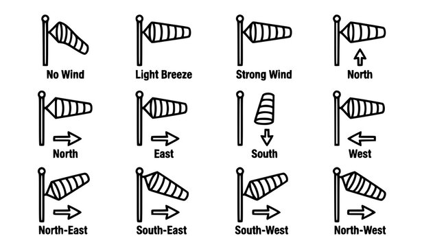 Windsock Icon Set with Airflow Direction and Wind Speed Aviation Symbols
