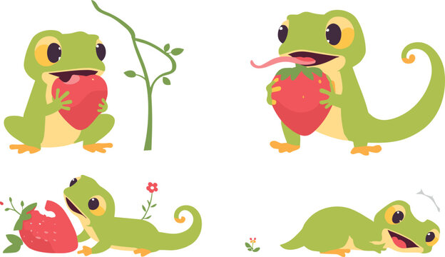 Cute Green Gecko Lizard Vector Character Set Featuring Adorable Reptiles Eating Red Strawberry Fruits and Crawling Near Vine Elements