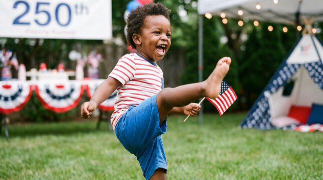 America 250th Independence Day African American toddler boy kicking dancing American flag backyard celebration laughing joyful patriotic summer promotional editorial marketing