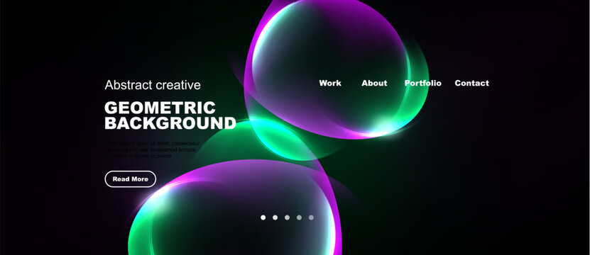 Dark background features vibrant abstract shapes, text elements, navigation menu. Modern design promotes creativity, geometric patterns.