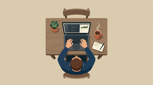 Overhead view of person working on laptop