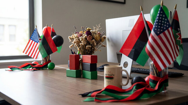Juneteenth office desk celebration decoration flags balloons centerpiece workplace corporate red black green festive promotional editorial marketing content design