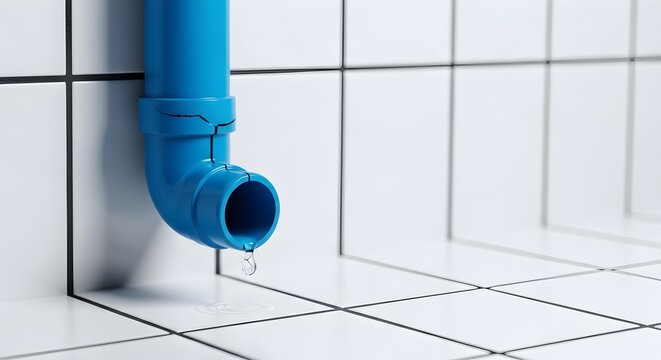 Close-up Of Blue Downspout Dripping Water On White Tiled Wall