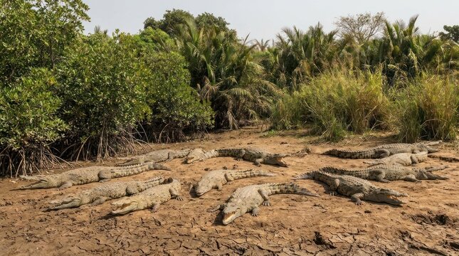 Group of crocodiles basking on muddy riverbank surrounded by greenery
