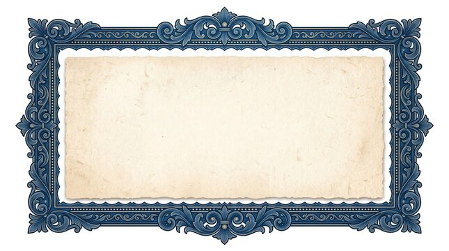 Vintage blue ornate frame with blank beige background