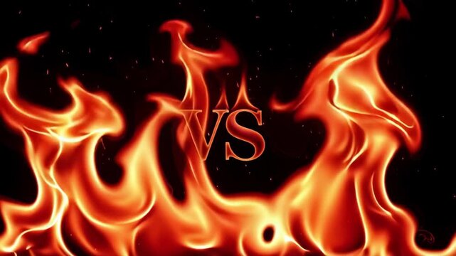 Versatile versus text logo animation burning with intense bright orange flames in a dark background setting creating a high energy competitive motion video clip design for intense sports events or dra