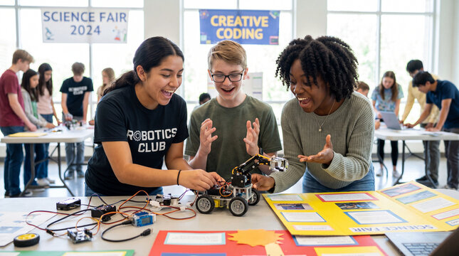 Back to school students building robot in STEM club for education technology innovation learning materials