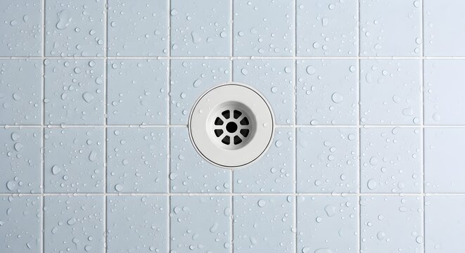 Top Down View of a White Drain in a Tiled Shower Floor with Water Droplets