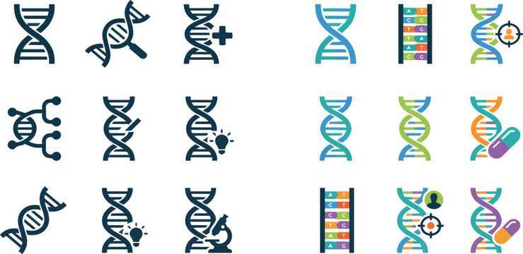 Set of flat vector dna helix icons depicting scientific research genetic engineering and medical analysis concepts