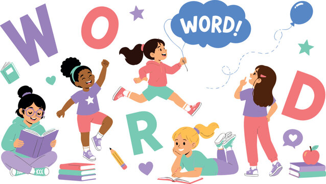 Diverse Little Girls Learning Vocabulary and Spelling Vector Character Set Featuring Kids Reading Books Jumping and Playing with Large Alphabet Letters