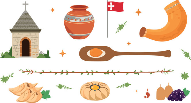 Traditional Georgian Culture Icon Set Featuring Stone Church Kvevri Clay Pot Drinking Horn Flag Khinkali and Khachapuri Food Vector Elements
