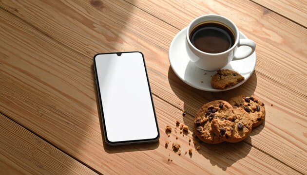 A cup of coffee with cookies sits on a wooden office desk next to a digital tablet, smartphone, and pen for a business breakfast