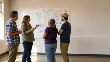 Obraz premium Neighbors Discussing Handmade Local Planning Map On Plain Wall