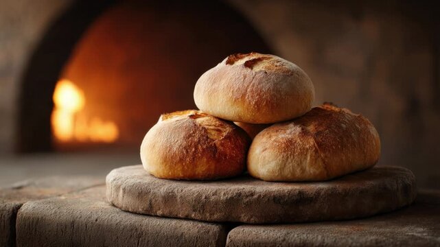 Freshly baked round bread loaf on wooden board with rustic oven glow