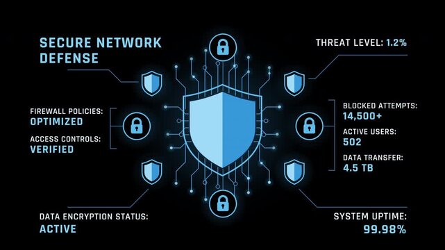 Motion graphics of a secure network defense dashboard monitoring data and firewall status on a deep black background