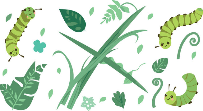 Cute Caterpillar Crawling Vector Illustration Pack Featuring Adorable Green Bugs with Various Botanical Leaves Vines and Fern Forest Meadow Elements