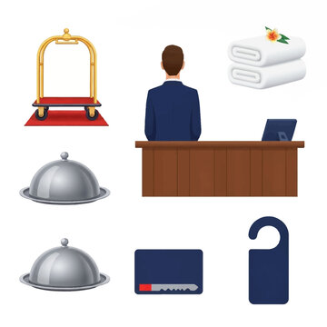Hotel elements showing bellboy cart reception desk towels food cloches and key card.