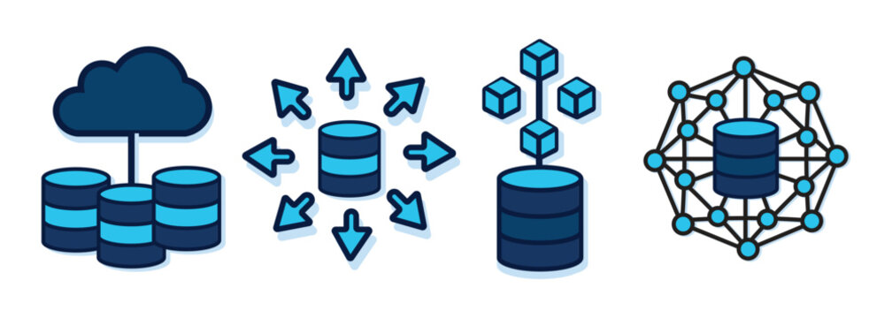 Data storage icon vector set. cloud database and distributed network technology. vector illustration
