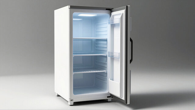 Empty white mini fridge with open door and light inside