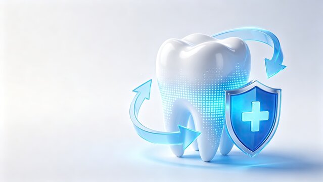 3D Tooth Model with Blue Medical Shield and Circular Arrow, Dental Health Protection Concept, Oral Care and Hygiene Tech Background